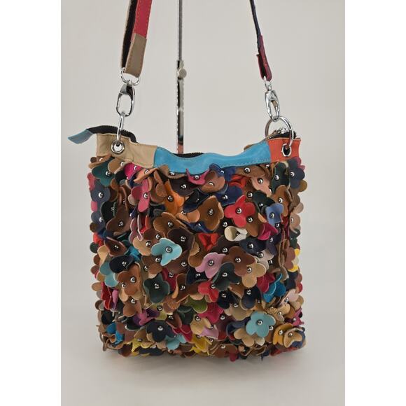 H2Z Boho 3D Flower Hippie Leather MultiColor Studded Crossbody Purse Colorful - Picture 4 of 15